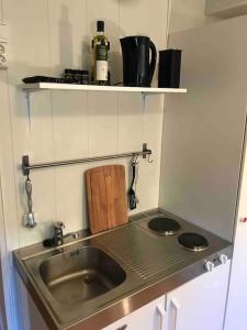 a small kitchen with a sink and a shelf at Leilighet i Hamar sentrum in Hamar