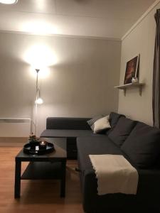 uma sala de estar com um sofá preto e uma mesa em Leilighet i Hamar sentrum em Hamar