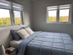 um quarto com uma cama azul e 2 janelas em Luxury Detached House Kingston em Kingston