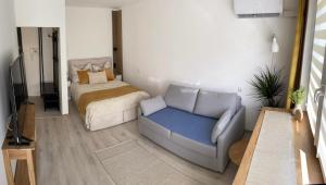 a living room with a couch and a bed at Studio 2 Apartment in Ełk +3 photos