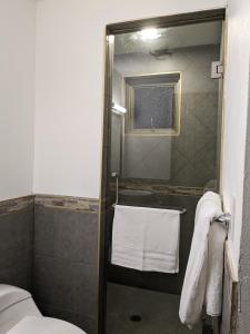 een badkamer met een douche, een toilet en handdoeken bij Suite Palma, Experiencia Única, Nómadas Digitales, Home Office o Vacacional in Tepotzotlán