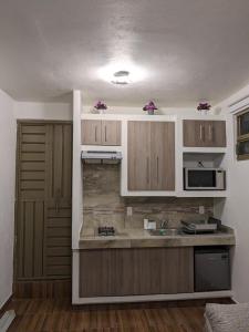 cocina con armarios de madera y encimera en Suite Palma, Experiencia Única, Nómadas Digitales, Home Office o Vacacional, en Tepotzotlán