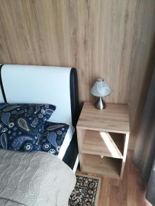 ein Schlafzimmer mit einem Bett und einem Nachttisch mit einer Lampe in der Unterkunft Apartment Vilnius Zemaitijos in Vilnius