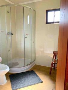 a bathroom with a glass shower and a toilet at Linda y cómoda cabaña en un entorno natural in Los Ángeles
