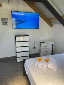 1 dormitorio con 1 cama con toallas y TV de pantalla plana en Lovely tiny studio, en Jarabacoa