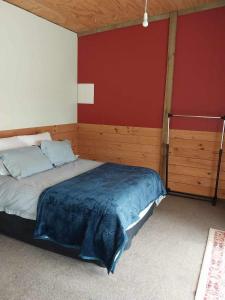 Bett in einem Zimmer mit roter Wand in der Unterkunft The Barn in Westport