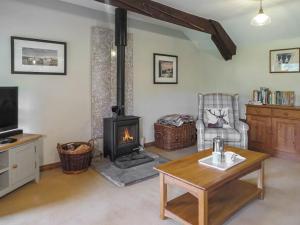 a living room with a wood stove in it at 5 Swallowholm Cottages in Richmond