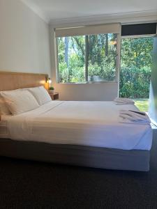 uma cama num quarto com uma grande janela em Bull and Bush Hotel em Medowie
