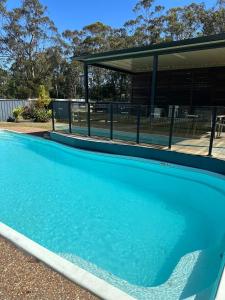 a large blue swimming pool in front of a building at Bull and Bush Hotel in Medowie