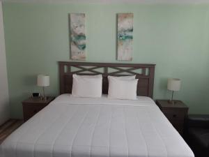 um quarto com uma grande cama branca e 2 candeeiros em Sandalwood Beach Resort em St. Pete Beach