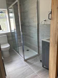 een badkamer met een douche en een toilet bij Spacious Cottage in Idyllic Spot in Fenny Compton