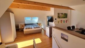 Kleines Zimmer mit einem Bett und einem TV in der Unterkunft The Apartment - Alpentherme inklusive in Bad Hofgastein