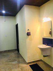 uma casa de banho com um lavatório e um espelho na parede em High shine Homestay em Meppādi