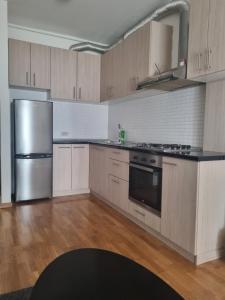 Apartman Niko في زغرب: مطبخ مع دواليب خشبية وثلاجة حديد قابلة للصدأ