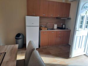 a kitchen with a white refrigerator and wooden cabinets at Mila in Bela Crkva