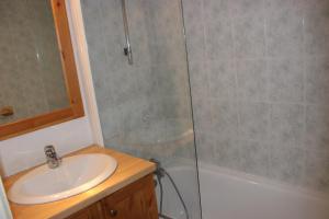uma casa de banho com um lavatório e um chuveiro em Vanoise Appartements VTI em Val Thorens