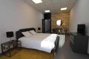 ein Schlafzimmer mit einem großen weißen Bett und einem TV in der Unterkunft Loft 250m2 avec écran led géant de 10m2 in Marseille