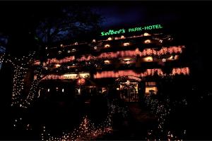a lit up building with christmas lights on it at Seibel's Park Hotel in Munich