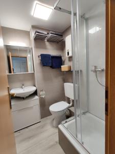 a bathroom with a shower and a toilet and a sink at H-Lodges - TOP City-Appartments in Essen in Essen