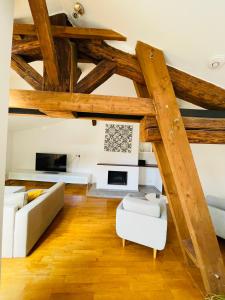ein großes Wohnzimmer mit Holzdecken und Holzböden in der Unterkunft Le Confidentiel - terrasse et garage privé in Nîmes
