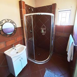 a bathroom with a shower and a sink at The Wild Peach - Menlyn in Pretoria