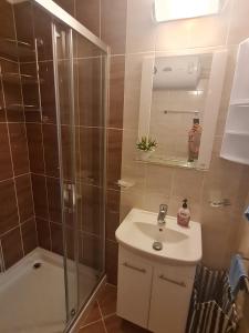 Un baño con ducha, lavabo y espejo. en Dolce Vita 2, Appartement, en Sveti Vlas