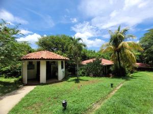 uma casa com uma palmeira no quintal em Cabinas Corazon em Tamarindo