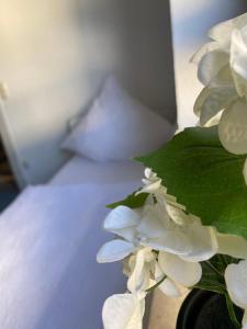 Banda białych kwiatów siedzących obok łóżka w obiekcie Schicke Monteurunterkunft in Mendig mit drei Wohneinheiten w mieście Mendig