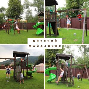 a collage of four pictures of a playground at Apple House in Mykulychyn