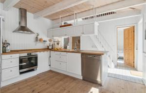 een keuken met witte kasten en roestvrijstalen apparatuur bij Trojlhyttan in Bedegård