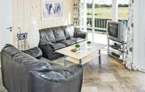 a living room with a leather couch and a tv at Awesome Home In Thisted With 4 Bedrooms, Sauna And Wifi in Nørre Vorupør