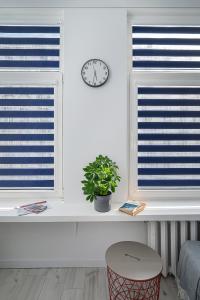een vensterbank met een plant en een klok op een muur bij Studios K1A in Vilnius