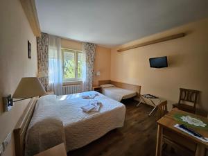 カヴァレーゼにあるパーク ホテル サクロ クオーレのベッドとテレビが備わるホテルルームです。