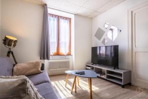 een woonkamer met een bank en een tv bij Le République-Gare-Centre ville in Bourgoin