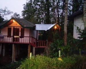una pequeña casa con porche y luces en ella en Akarshan Bono Bunglow, en Lataguri
