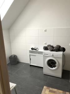 - Lavadora blanca en una habitación con encimera en Apartment am Stettiner Haff, en Mönkebude