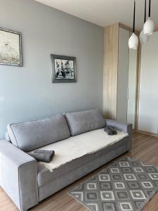 a gray couch in a living room with a white wall at Wiatraczna 136 in Warsaw