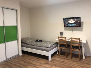 a small room with a bed and a table and chairs at GottwaldHaus-Freiberg-Apartment / B in Freiberg