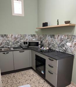 una cucina con piano di lavoro e forno a microonde di Sisters appartamenti a Castelvetrano Selinunte