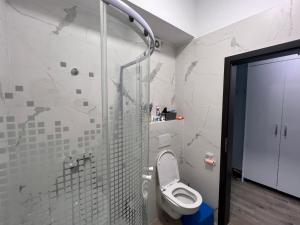 een badkamer met een toilet en een glazen douche bij Coroama'S House in Iaşi