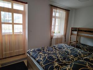 a bedroom with a bed and two windows at Horský apartmán Hubertus č.19 in Karlova Studánka