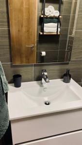 a bathroom with a white sink and a mirror at Apartmán Lipenka in Černá v Pošumaví +32 photos