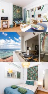un collage de fotos de una habitación con un mural arco iris en Azul Apartment, en Las Palmas de Gran Canaria