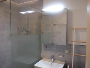 uma casa de banho com um lavatório e um chuveiro com um espelho. em Feriendorf Reichenbach - Wieselweg 1 em Nesselwang