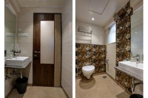 two pictures of a bathroom with a toilet and a sink at Hotel Ozone Inn Colaba in Mumbai