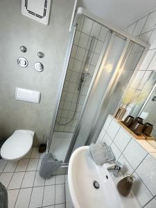 ein Bad mit einem Waschbecken, einer Dusche und einem WC in der Unterkunft Vision - Apartment - Bad Klosterlausnitz in Bad Klosterlausnitz
