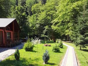 a garden with a red barn and a path at Садиба Срібний Вовк in Sasivka