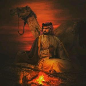 a painting of a man sitting over a fire at Bedouin bunch camp in Wadi Rum