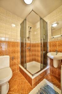 ein Bad mit einer Dusche, einem WC und einem Waschbecken in der Unterkunft Kwatery u Jacka in Groń