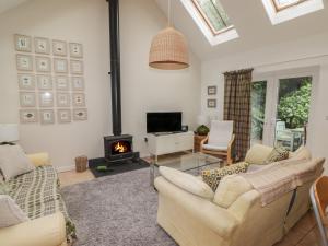 a living room with two couches and a fireplace at One Tree House in Dinas